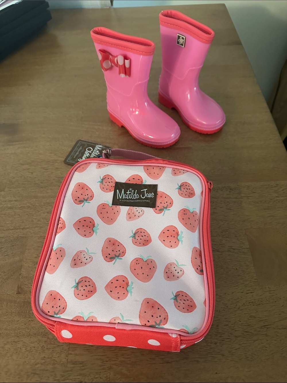NWT Matilda Jane Pink Strawberry-Print Kids Rain Boots and Lunch Bag